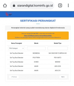 Daftar Sertifikat Perangkat Set Top Box (STB) | Foto : Website Siaran Digital Indonesia