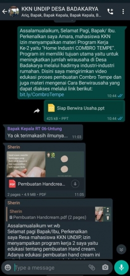 Edukasi mengenai Home Industry Combro Tempe melalui media WhatsApp grup/Dokpri