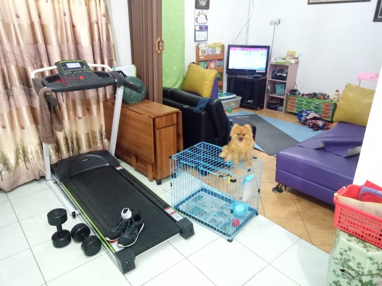 Alat Treadmill dan dumbell bisa menjadi alternatif olahraga di rumah (Foto: Dokumen Pribadi).