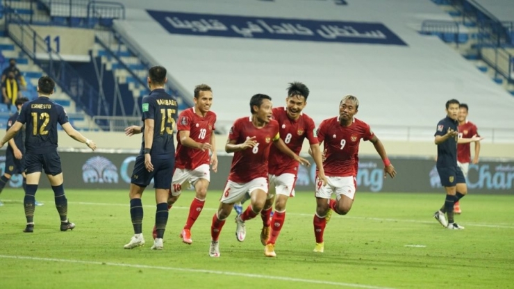 Evan Dimas merayakan gol ketika mereka bertemu Thailand di kualifikasi Piala Dunia Qatar 2022 di Dubai (Foto PSSI.org) 