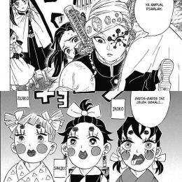Tengen menculik Aoi dan Naho, penampilan Tanjiro, Zenitsu, dan Inosuke menjadi gadis (sumber : komikindo.co)