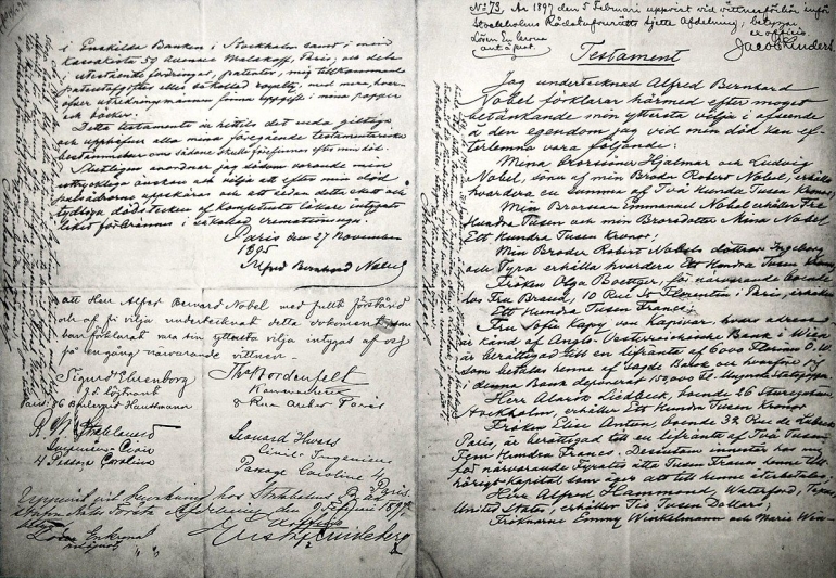 Surat wasiat Nobel. Sumber: https://en.wikipedia.org/wiki/File:Alfred_Nobels_will-November_25th,_1895.jpg
