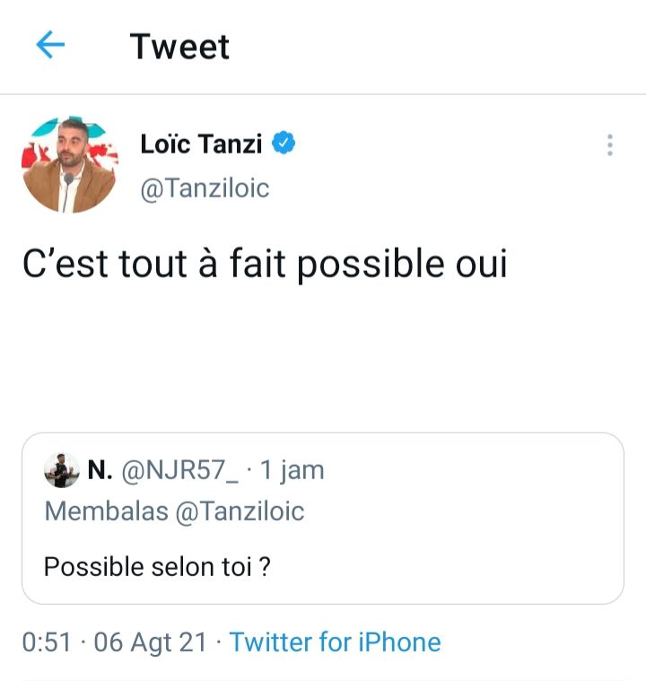 Tangkapan layar cuitan jurnalis Loic Tanzi