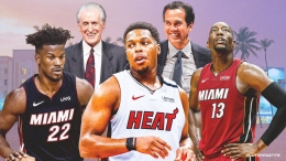 Big Three Miami Heat: Jimmy Butler, Kyle Lowry, dan Bam Adebayo mengapit presiden tim Pat Riley dan Coach Erik Spoeltra - clutchpoints 