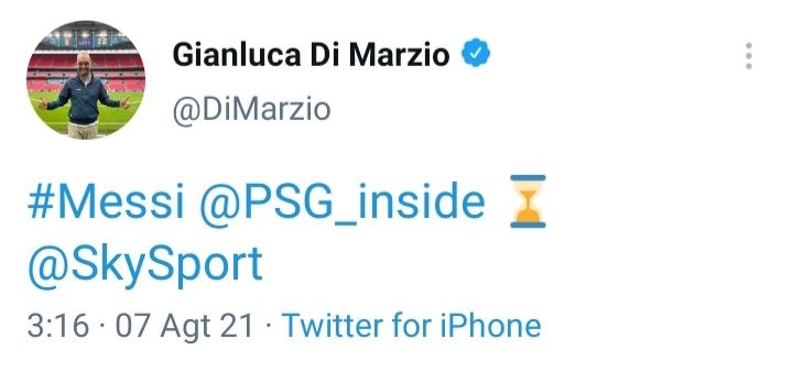Tangkapan layar cuitan jurnalis Di Marzio mengonfirmasi Messi setuju bergabung ke PSG.