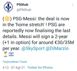Tangkapan layar cuitan PSGhub soal transfer Messi ke PSG.