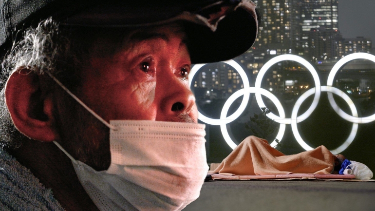 Siluet seorang Tunawisma berlatar belakang banner Olimpiade