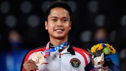 Tunggal putra Indonesia, Anthony Ginting meraih medali perunggu di Olimpiade 2020/Foto: ANTARA/Sigid Kurniawan