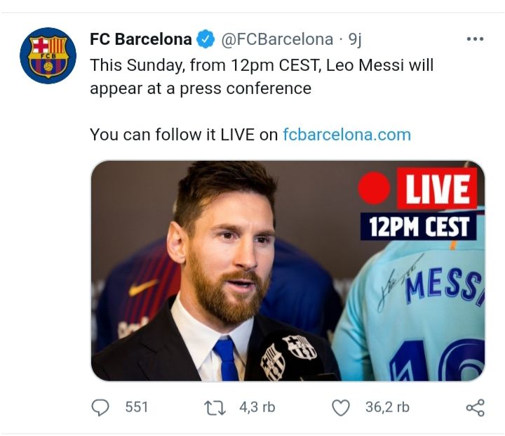 Tangkapan layar informasi rencana konferensi pers Lionel Messi. Foto: tangkapan layar dari akun twitter Barcelona