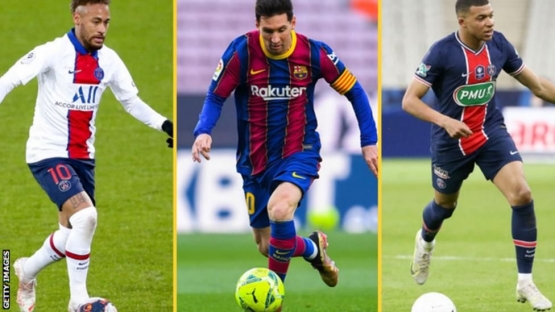 Messi (tengah), Neymar dan Kylian Mbappe: www.bbc.com