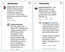 Tangkapan layar kolom komentar pertanyaan dan jawaban tentang pelaksanaan vaksin dosis 2 (sumber: Instagram Dinas Kesehatan dan Pemkot Surabaya)