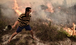 Warga Palangkaraya, Kalimantan Tengah, berjuang mematikan api di hutan di dekat perkampungan. Foto: Bay Ismoyo/AFP/Getty Images 