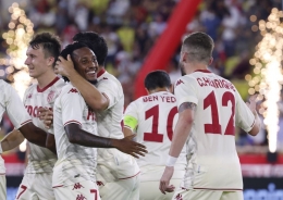 Pemain AS Monaco merayakan gol ke gawang Sparta Praha. (via newsfunnel.live)