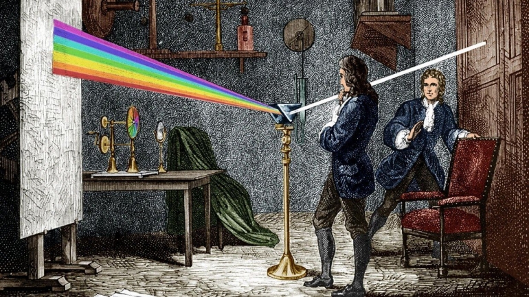 Newton mendispersikan cahaya matahari. Sumber: https://www.biography.com/news/how-isaac-newton-changed-our-world