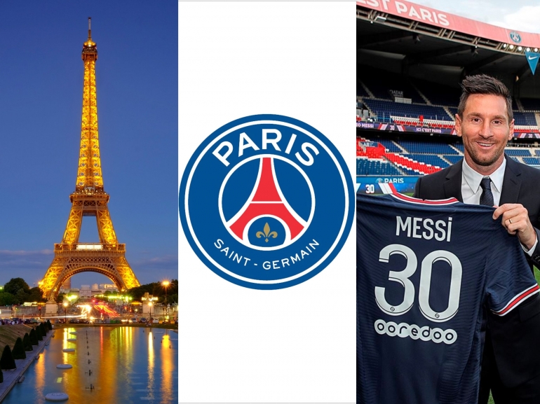 Kolase Eiffel, Logo PSG dan Messi. Sumber: Eiffel- dokumentasi pribadi, Logo PSG & Messi milik PSG