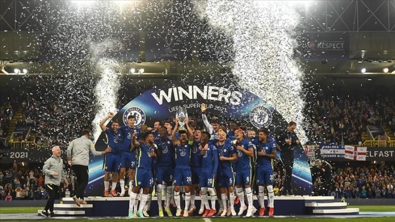 Chelsea merayakan juara Piala Super Eropa 2021. (via aa.com.tr)
