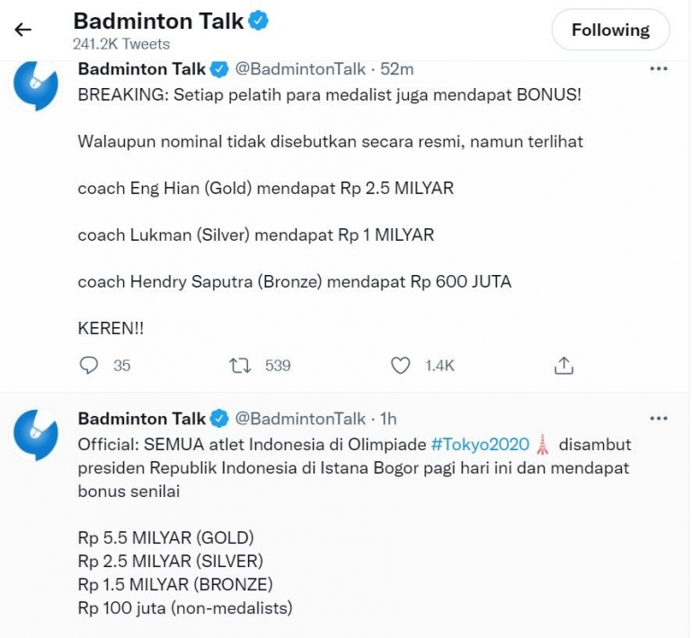 Gambaran hadiah untuk tim bulutangkis Indonesia di Olimpiade Tokyo: https://twitter.com/BadmintonTalk