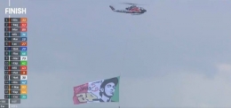 Bendera dengan gambar wajah dan nomor Rossi mengangkasa di Sirkuit Red Bull Ring. Grazie Vale: https://twitter.com/MotoGP
