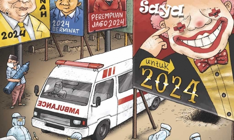 Ilustrasi baliho politik di tengah pandemi. | Karikatur oleh Yuyun Nurrachman via majalah.tempo.co