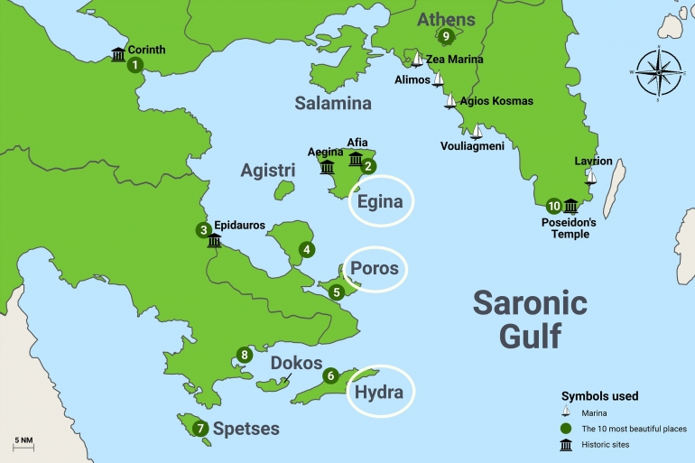 Peta pulau-pulau di Teluk Saronic. Sumber: www.yachting.com