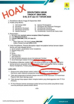 Lowongan Pekerjaan Palsu Mengatasnamakan PT PLN. Sumber CNBC Indonesia