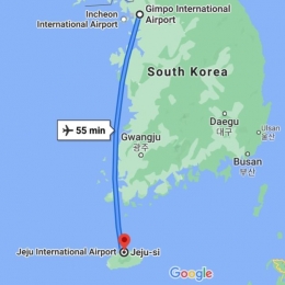 Rute penerbangan dari Gimpo-Seoul ke Jeju. Sumber: Google map