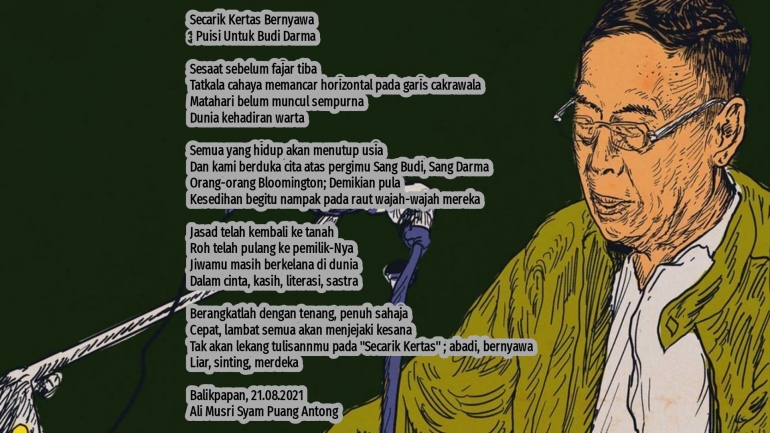 Puisi Secarik Kertas Bernyawa, Puisi Untuk Budi Darma / tirto.ID By Text On Photo 