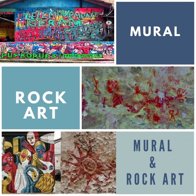 Ilustrasi Mural dan Rock Art, Masa Prasejarah. Sumber: Gambar Cadas (dokumentasi pribadi). Gabar Mural (metro sindonews dan pikiran rakyat) diolah via canva