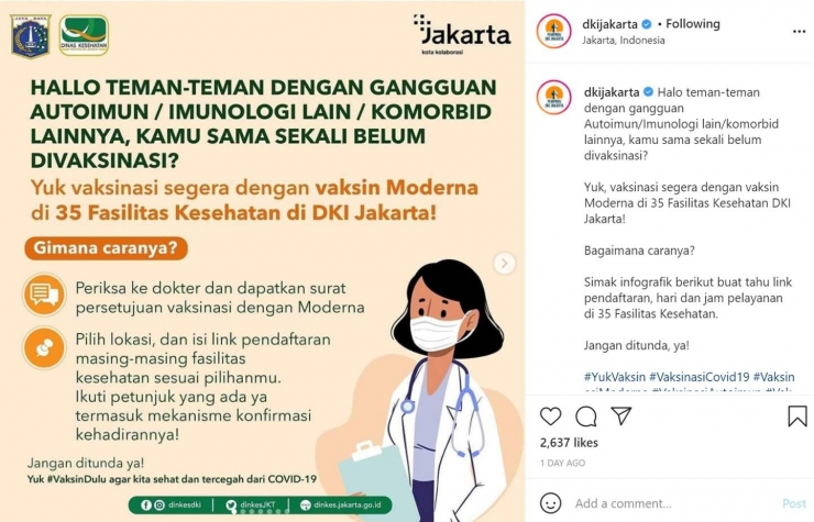 Info vaksinasi yang dibagikan melalui akun Instagram @dkijakarta