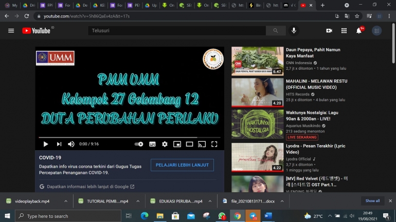 Upload Video Edukasi Covid-19 di Youtube (Dokpri)