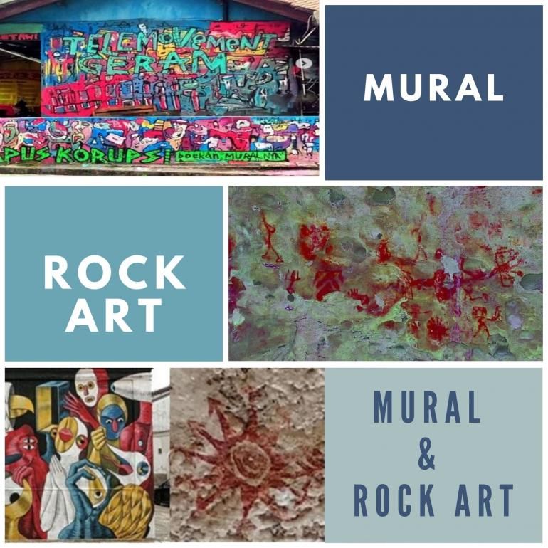 Ilustrasi Mural dan Rock Art (Sumber: Gambar Cadas (dokumentasi pribadi). Gabar Mural (metro sindonews dan pikiran rakyat) diolah Kompasianer Mas Han
