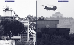 Helikopter AS di Kedubes AS, Saigon, April '75. (Getty Images) dan helikopter AS di atas Kedubes AS di Kabul, 15-08-2021. (AP Photo)