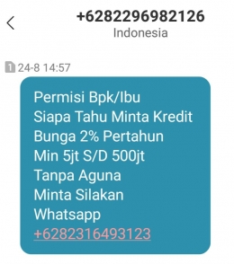 Ilustrasi : tangkapan layar Pinjol, menawarkan pinjaman via SMS
