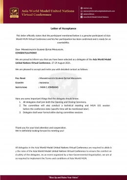 Letter of Acceptance (LOA) of Asia World MUN Conference 27-29 AGT 2021 untuk Maharsyalfath Izlubaid Qutub Maulasufa. (dok. pribadi).