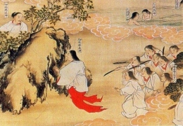 Ilustrasi Izanagi (kiri) dan Izanami (kanan) yang terpisah di perbatasan tanah Yomi. Sumber: hatobus.club