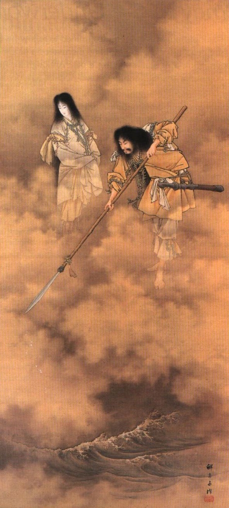 Ilustrasi Izanagi dan Izanami sedang membuat kepulauan Jepang. Sumber: wikipedia.com