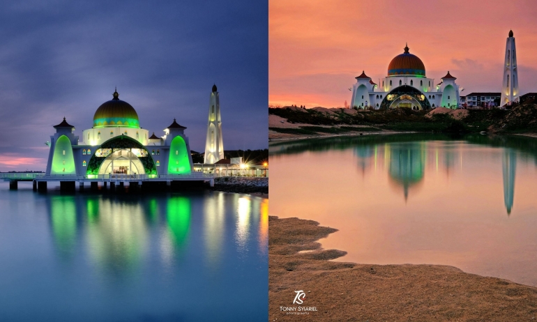 Dua foto Masjid Selat Melaka yang difoto dari sudut berbeda. Sumber: dokumentasi pribadi