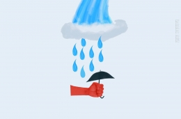 Ilustrasi tangan berwarna merah menggenggam payung kecil di bawah hujan. (Gambar: Dokpri Indra Rahadian)