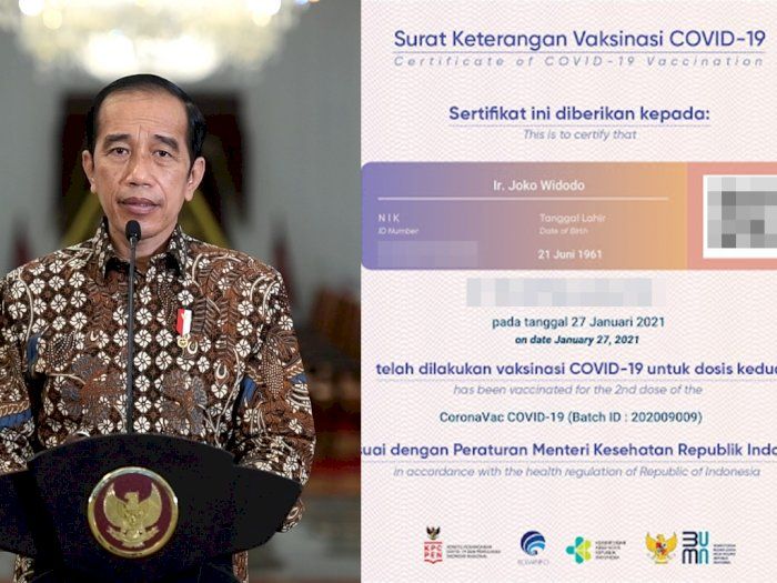 NIK presiden Jokowi dan sertifikat vaksinasi yang beredar di dunia Maya, ilustrasi : indozone.com