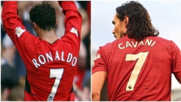 Ronaldo dan Cavani saat memakai nomor punggung 7 di Manchester United (getty images)