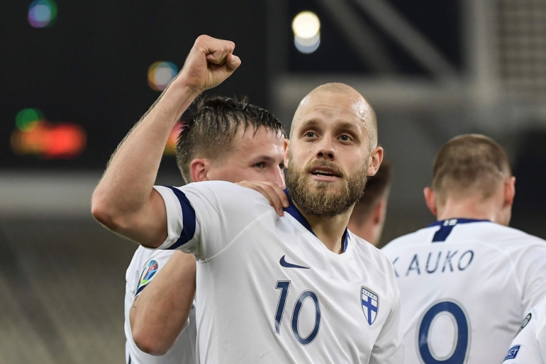 Penyerang Finlandia Teemu Pukki (10) membawa negaranya tampil apik di kualifikasi Piala Dunia 2022./Foto:AFP/ARIS MESSINIS 