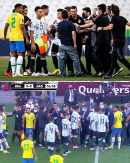 Pemain Argentina melakukan protes terkait dihentikan pertandingan oleh pihak otoritas kesehatan Brasil. Kolase Foto via instagram vahid_leo