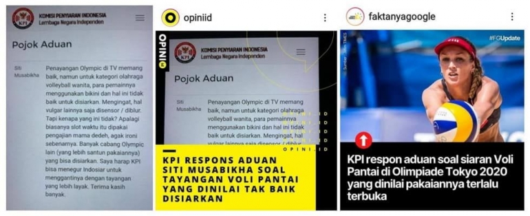 Berita tentang KPI yang merespon aduan soal pakaian olahraga wanita (Kolase via Instagram)