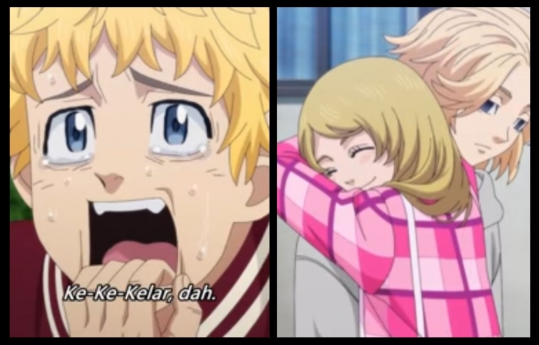 Ekspresi lucu Takemichi yang kaget melihat Emma dan Mikey berpelukan. (Sumber: capture Tokyo Revengers episode 23, via YouTube Muse Indonesia)