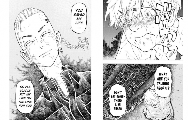 Draken menjelaskan kepada Takemichi kalau dia terhormat bisa tewas untuknya. (Sumber: Dok. Kodansha US, Tokyo Revengers Chapter 222, edit by Ilham Mau