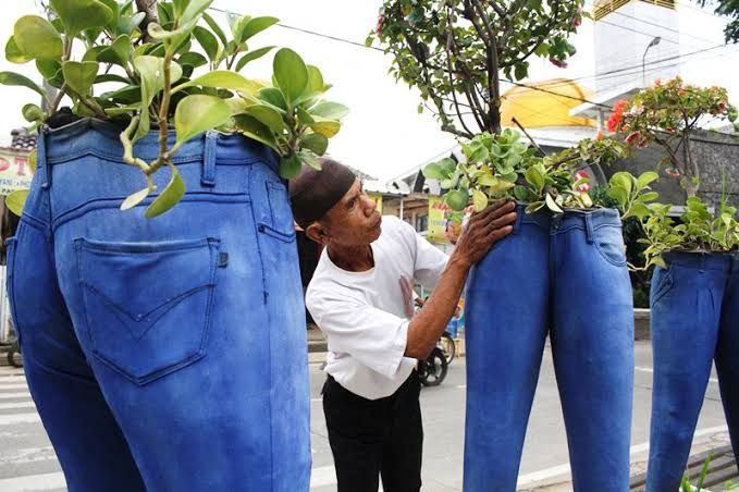 Memanfaatkan Celana Jeans Bekas Sebagai Media Tanam. Sumber Galamedia