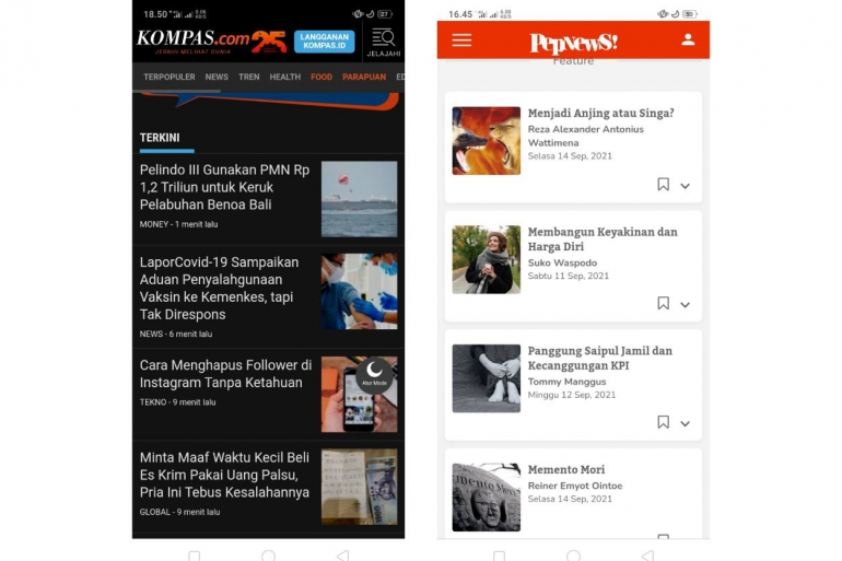 Tampilan tautan judul artikel pada Kompas dan Pepnews. Bandingkan: dalam satu tangkapan layar ponsel, Kompasiana hanya ada 2 judul. Sumber: screenshot