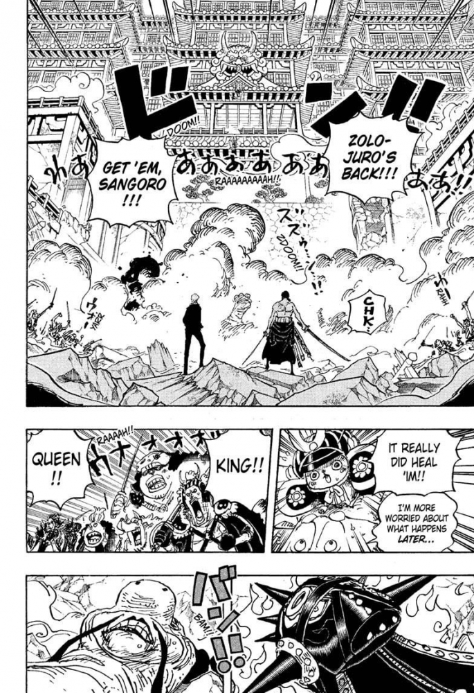 Sanji dan Zoro menunbangkan King dan Queen dan kembali ke pertempuran. (Sumber: Dok.Viz Media, Manga One Piece)