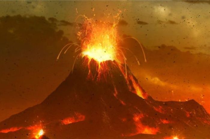 ilustrasi erupsi supervolcano Gunung Api Toba yang mengakibatkan  Bumi mengalami musim dingin vulkanik (gambar: National Geographic Indonesia)