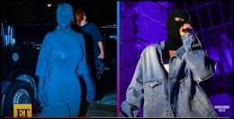 Kim Kardashian dan Justin Bieber menggunakan topeng hitam dari Balenciaga di Met Gala 2021. Foto : video Entertainment Tonight